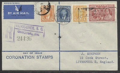 1937 #234-237 GeoVI Coronation FDC J Stephen Cachet Registered Vancouver BC Flag - Image 1 of 2