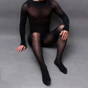 Plus Size Men's Velvet Sheer Bodystocking Long Sleeve Bodysuit Lingerie Jumpsuit - Picture 1 of 22