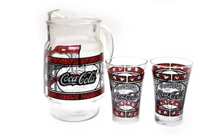 Coca Cola Stained Glass Pitcher and Two Glasses  - Picture 1 of 3