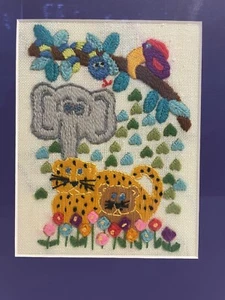 Jungle Crewel Embroidered 3D Picture Pop Art Nursery Room VTG Framed 10.5”/9” - Picture 1 of 6