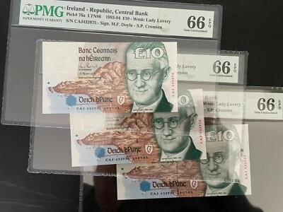 RARE Consecutive Triple Ireland 10 pounds P76a Irish Irland 14.7.93 PMG66EPQ UNC - Image 1 of 4