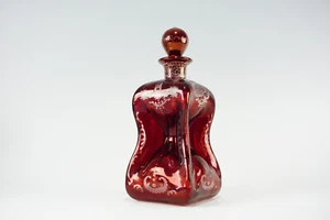Böhmische Glaskaraffe Rubin Likörflasche Antik geschliffen Glas - Bild 1 von 15