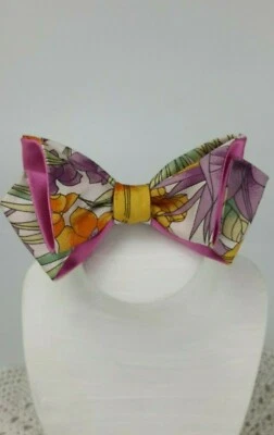 Pink Flower Print Thai Silk Fabric Hair Clip Bow Women French Barrette Accessory - Image 1 of 4