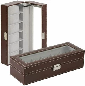 6 Gitter Uhren Organizer Uhrenbox PU Leder Uhrenaufbewahrungsbox abschließbar braun - Bild 1 von 7