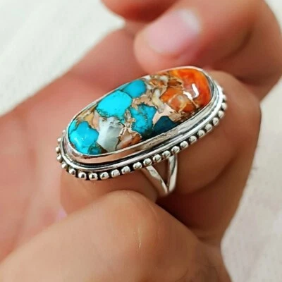 Anillo hecho a mano de plata de ley 925 con piedras preciosas turquesa cobre ostra todos los tamaños Foto 1 de 4