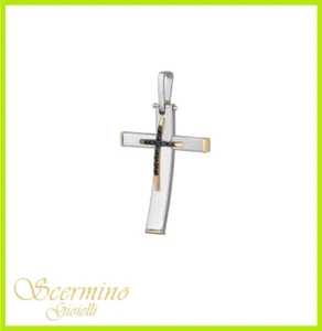 PENDENTE CROCE DA UOMO IN ORO BICOLORE 18K CON DIAMANTI NATURALI 0.05 CARATI - Picture 1 of 4
