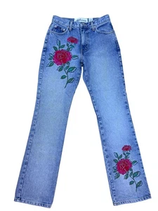Express Bleus Straight Leg Embroidered Roses Jeans Women's Size 26x30 Light Blu - Picture 1 of 12