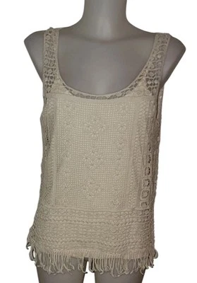 Ralph Lauren Sz M Womens Beige Crochet Lace Mesh Fringe Boho Fairy Cami Tank Top - Image 1 of 3