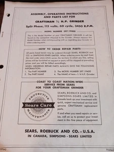 Original Manual for 60s Craftsman Bench Grinder 1/4 HP Model 397.19400 3450 RPM - Picture 1 of 2