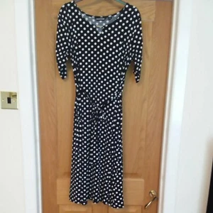 Nina Leonard A line Dress Elbow Ruched Sleeve Black and White Poker Dot Medium - Picture 1 of 6