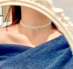 Chanel Coco Mark Crystal Double Pearl Gold Choker Necklace - Picture 1 of 13