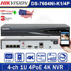 Hikvision 4Ch Nvr 4K 8Mp H.265 Ds-7604Ni-K1/4P 2/3/4/6Tb Hdd P2p Security Ip Poe