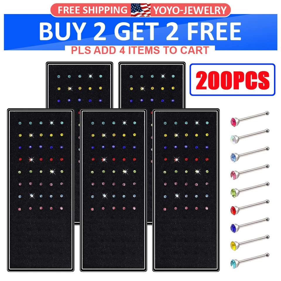 200 шт. кольца-гвоздики из хирургической стали для носа разноцветные кристаллы прямые костяные гвоздики 20 г - Изображение 1 из 4