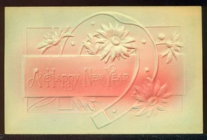 A HAPPY NEW YEAR Heavy Embossed Horseshoe Flowers Vintage Postcard - Picture 1 of 1