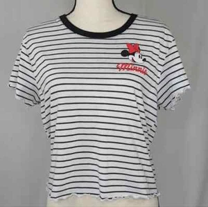 Disney Minnie Mouse Black & White Stripped Lettuce Hem Ringer Crop Tee, Size L - Picture 1 of 5