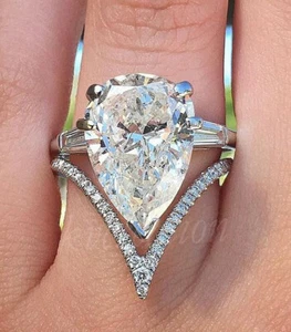 3.56 Ct Near White Pear Moissanite Engagement Set Ring 925 Sterling Silver 6 US - Picture 1 of 2