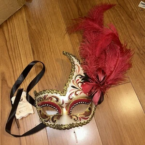 Authentic La Maschera del Galeone Hand Made Italy Venetian Mask Tan Red Gold - Picture 1 of 9