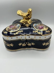 Sevres France Porcelain Hand Painted Vintage Lidded Art Bowl Gold Trim Bird Top - Picture 1 of 22
