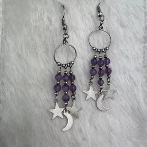 Sterling Silver Amethyst Dangle Earrings Moon Star Earrings Purple Celestial - Picture 1 of 15