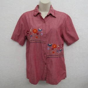 Bobbie Brooks Top Blouse Women's M Red Short Sleeve Button Up Glam Flowy Casual - Picture 1 of 9