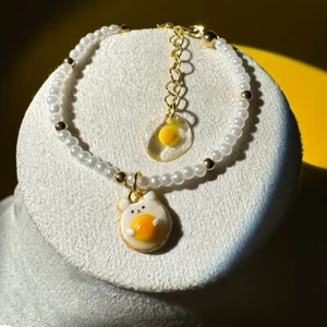 *Handmade* Kawaii polymerclay cute egg charms pearl beaded Bracelet free size - Picture 1 of 9