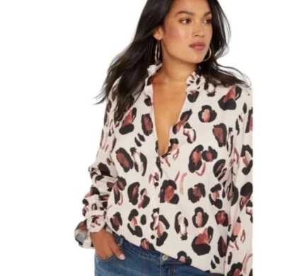 Eloquii Animal Print Button blouse top Beige Size 28 Ruffle Neck Long Sleeves - Image 1 of 4