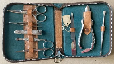 Kit de viaje de manicura de uñas vintage de 8 piezas - en estuche de piel de cerdo Foto 1 de 2