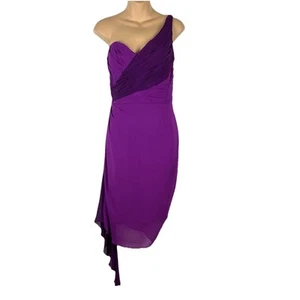 Badgley Mischka Knee Length Silk Cocktail Dress 10 Asymmetrical Pleated Magenta - Picture 1 of 11