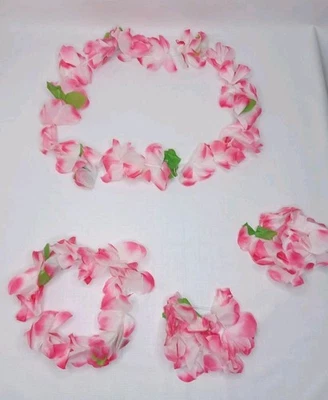 Juego de pulseras corona collar lei hawaiano rosa y blanco Foto 1 de 4