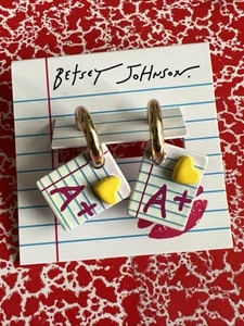 Betsey Johnson Gold Tone Teacher School Notebook A+ Huggie Hoop Earrings Heart - Picture 1 of 8