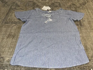 New Women’s Beach Lunch Lounge Blue White Stripe Short Sleeve Tie Shirt Sz Small - Picture 1 of 6