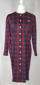 Vtg Miss Dorby Dress 12 Red Navy Tartan Plaid Gold Button Preppy Retro - Picture 1 of 12