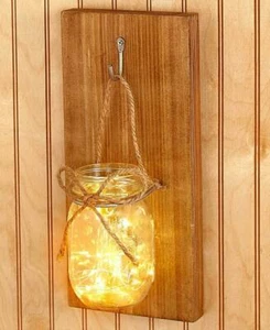 Rustic Farmhouse Mason Jar Lighted Wall Sconce Set of (2)  20 Mini LED Lights  - Picture 1 of 2