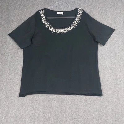 QUACKER FACTORY WOMENS BLACK PEARL EMBELLISHED SHORT SLEEVE GLAM SWEATER SIZE XL - Image 1 of 4