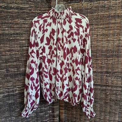 Evereve Allison Joy Arlo Ikat Mock Neck Blouse Women's XS Cream Work Office Boho - Image 1 of 4