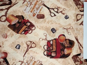 RJR Fabrics Beige Background Antique Sewing Scissors Thimbles 1 Yard + 15" x 43" - Picture 1 of 5