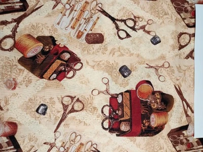 RJR Fabrics Beige Background Antique Sewing Scissors Thimbles 1 Yard + 15" x 43" - Image 1 of 4