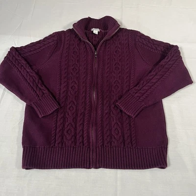 Cárdigan Suéter LL Bean Cuello Simulado Tejido con Cable Algodón Ciruela Púrpura Grande Pequeño Foto 1 de 4