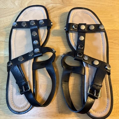 Sandalias planas de cuero con correa en T Balenciaga negras con tachuelas para mujer talla 38 Foto 1 de 4