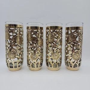 4 Vtg Mexican Highball Glasses Encased In Etched Cutwork Floral Brass 7” Barware - Picture 1 of 10