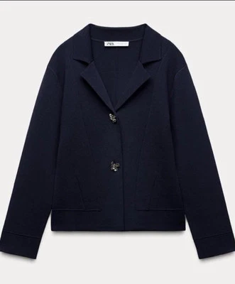 Zara Knit Blazer With Flowers Button Navy Blue Size S Ref 2142/102 - Image 1 of 4