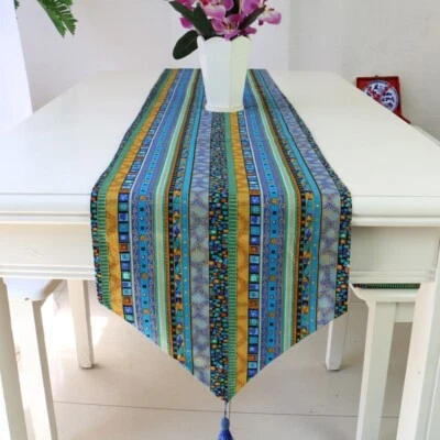 Cotton Linen Ethnic Stripe Table Runner Table Cover Dresser Kitchen Dining Retro - Image 1 of 4