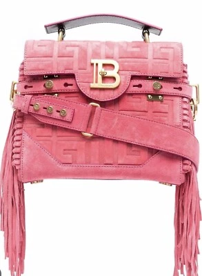 Bolso de gamuza rosa con flecos BALMAIN BBUZZ 23 con monograma Foto 1 de 4