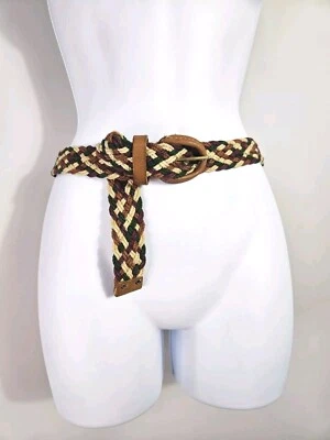 Vintage Wide Brown Olive Green Braided Woven Leather Belt Size S/M - Image 1 of 4