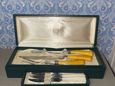 老式 Washington Forge 9 件套雕刻和牛排刀套装奶油糖果电木 — 第 1/4 张图片