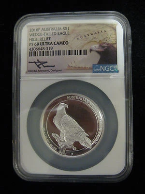 2016 NGC PF69 ULTRA CAMEO WEDGE TAILED EAGLE 1 OZ SILVER COIN SIGNED MERCANTI - Image 1 of 2