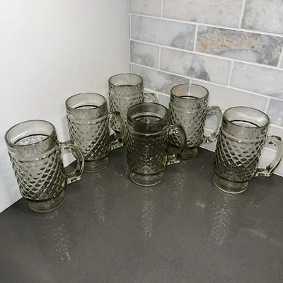 Set of 6 Anchor Hocking Clear Glass Quilted Diamond Point Mugs 5.5" Tall Vintage - Изображение 1 из 4