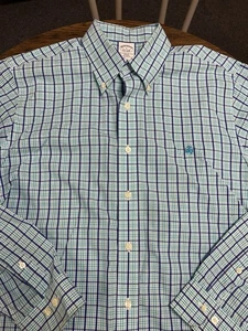 Brooks Brothers Non Iron Button Down Slim Fit Size Large Teal Navy Check Cotton - Picture 1 of 5