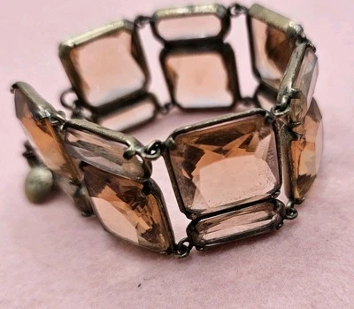 Vintage J Crew Bracelet Chunky Deep Amber Color Faceted Glass Brass Peach 7" - Image 1 of 4