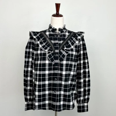 Blusa Kate Spade Negra Franela a Cuadros Volantes Nueva con Etiquetas Foto 1 de 4